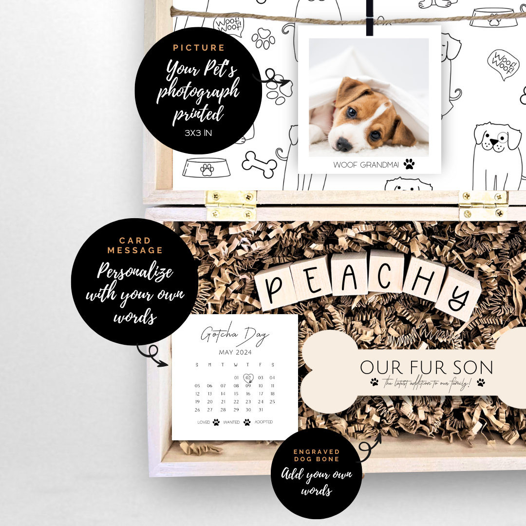 Pet Adoption Announcement Engraved Wooden Gift Box for Grandparents of Fur grandchildren, Personalized Keepsake, Dog Cat Adoption wood dog Bone wood cat fish its official little surprise shop adoption calendar