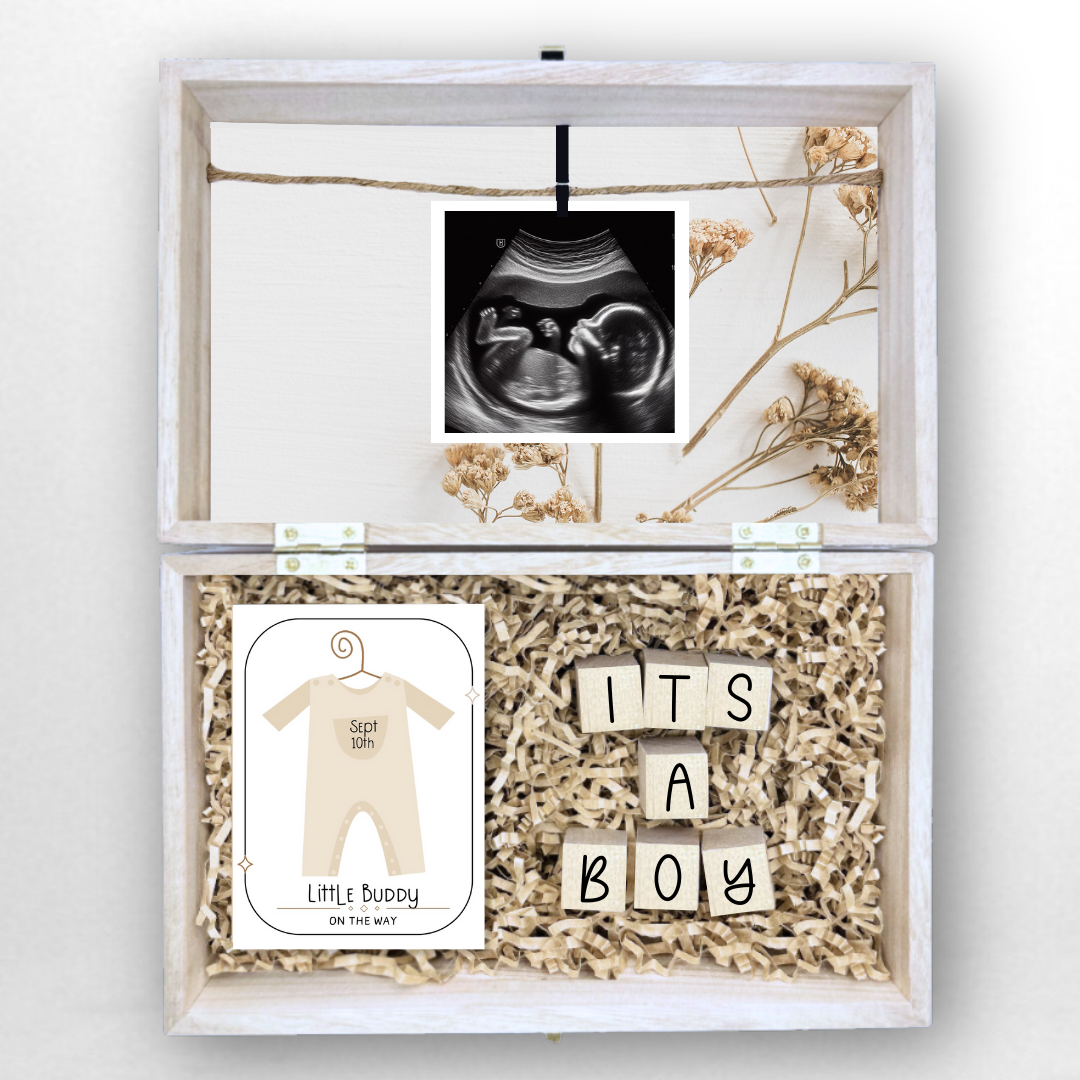 Neutral Gender Baby Gender Reveal Gift Box Engraved Keepsake Celebration Baby Shower Its a Boy or Its a Girl Little Miss and Little Buddy on the way card  Surprise Parent To Be for Grandparents